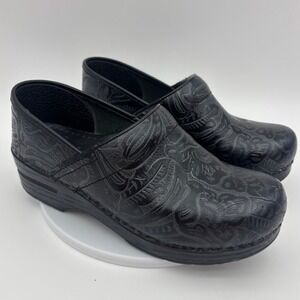 DANSKO Professional Black Leather Nurse Clog Shoe orthopedic Embossed Floral 9